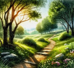 Obraz premium 나무,풍경,수채화,숲속,오솔길,봄,그림,풍경화