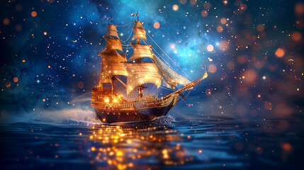 海を航海する金色に輝く船