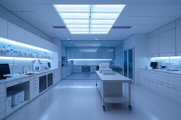 Fototapeta premium Advanced medical lab, minimalist design, wide shot, high contrast, dramatic lighting