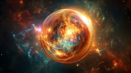Obraz premium 宇宙に浮かぶ幻想的な美しい光の球体 背景 光の玉 暗闇 空