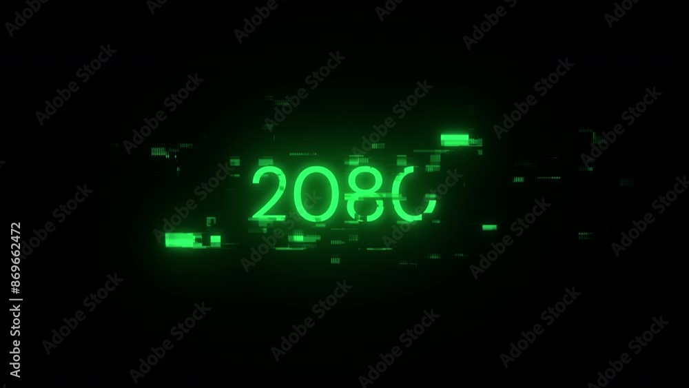 Poster 2080 text with screen effects of technological failures. Spectacular screen glitch with various kinds of interference. Looped