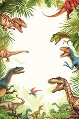 Colorful dinosaur illustration with various species surrounded by lush foliage, perfect for educational and decorative purposes.