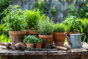 Potted herb garden on a rustic wooden table with gardening tools and a watering can