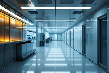 Fototapeta premium Minimalist advanced medical lab, wide shot, high contrast, dramatic lighting