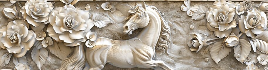 Beautiful horse 3d relief wallpaper. Mural wallpaper. Wall art. AI generated illustration.