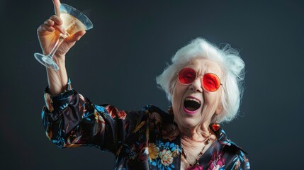 Portrait of a happy Grandma woman wearing sunglasses and holding up the rock sign with glasses while drinking a martini in front black background.