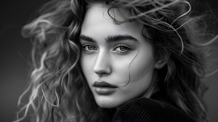 Fototapeta premium Portrait of a beautiful girl with curly hair. Black and white photo.