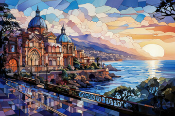 Fototapeta premium Stained Glass Style Coastal Town at Sunset