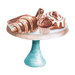 Ceramic stand with croissants, cupcake and eclairs in watercolor illustration on a white background. Hand-drawn illustration for kitchenware stores, recipes, invitations, master class announcements
