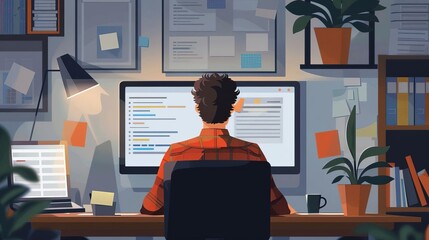 Man working on computer at home office, surrounded by plants and sticky notes. Nighttime productivity and creative workspace.