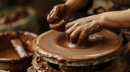Crafting with Clay. Hands shaping a piece of clay on a pottery wheel, with wet clay and tools in the background.
