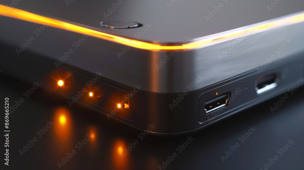 Poster an upclose look at the sleek silver surface of a streaming device with small indicator lights glowin