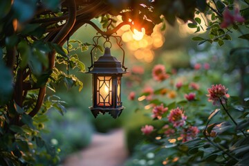 Vintage lantern hanging in a garden at sunset with blooming flowers and lush greenery