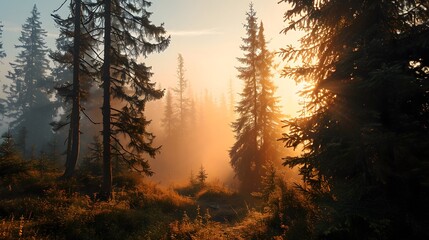 Fototapeta premium Sunrise in a Misty Pine Forest