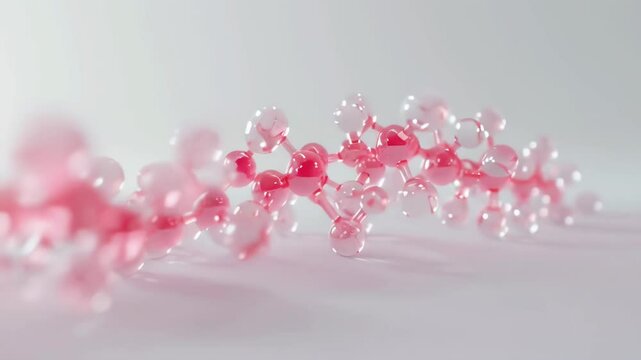 A detailed view of a transparent pink molecular structure against a light background. The image showcases interconnected spheres, representing atoms and bonds. The scene is scientific, with a clean