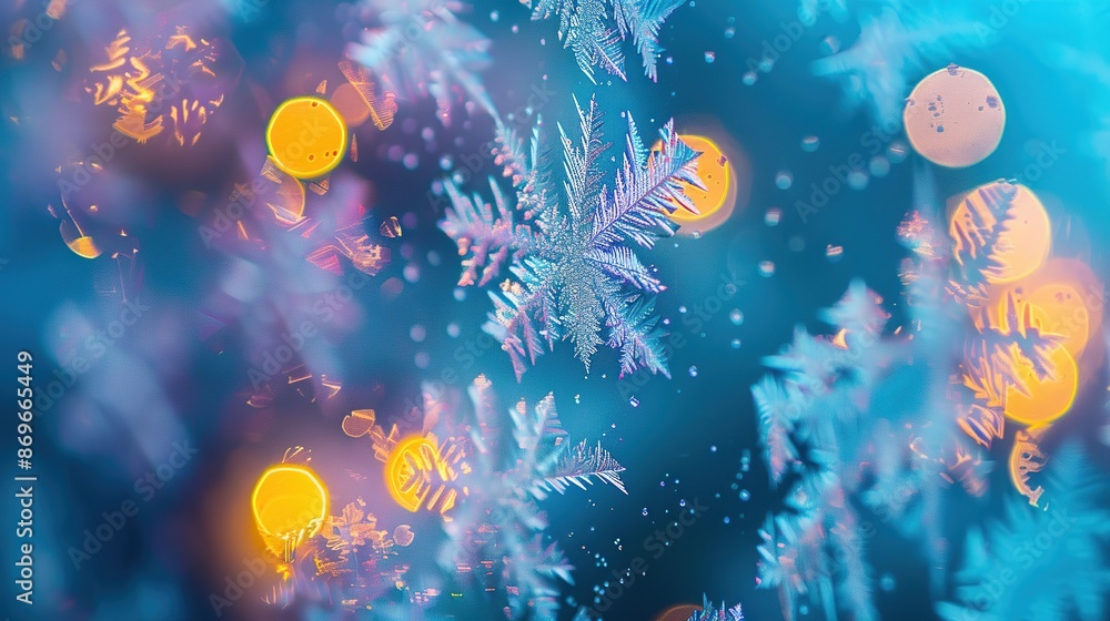 Poster close up of a snow covered tree branch on a soft blurred winter background.
