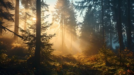 Obraz premium Golden Sunrise Through Foggy Forest Trees