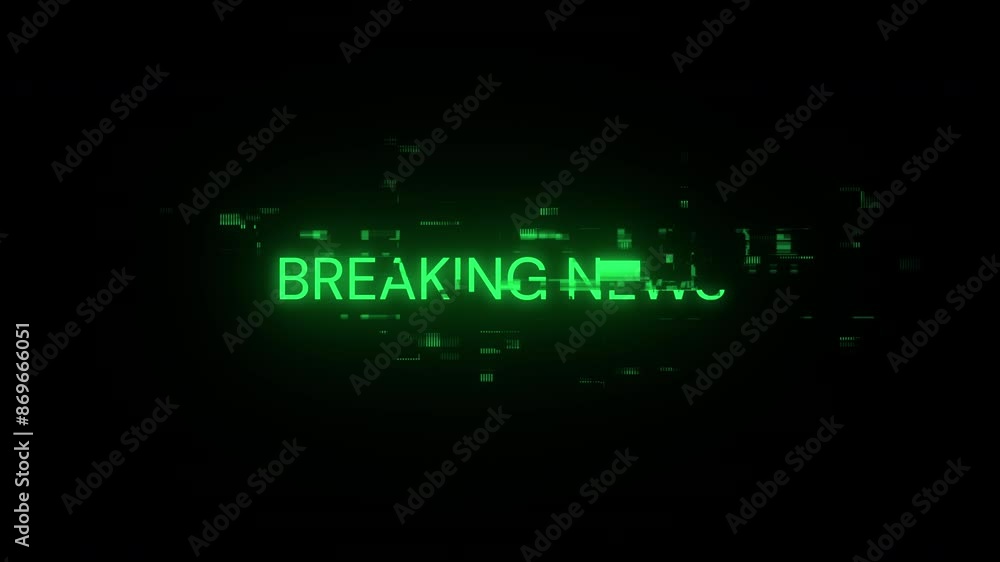 Poster breaking news text with screen effects of technological failures. spectacular screen glitch with var