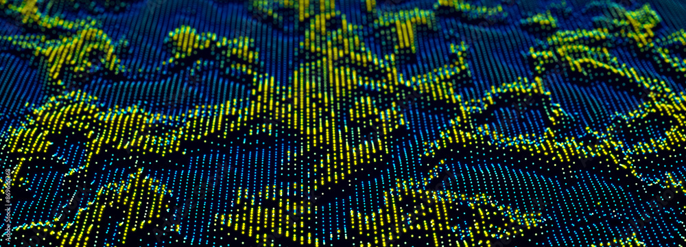 Poster particle stream. blue wave background with many glowing particles. information technology background