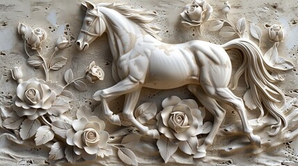 Beautiful horse 3d relief wallpaper. Mural wallpaper. Wall art. AI generated illustration.