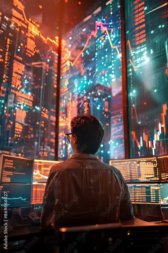Poster a person working at a desk in a dark room with financial data displayed on multiple screens