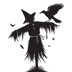 Obraz premium Scarecrow scary halloween character silhouette vector illustration isolated on white background
