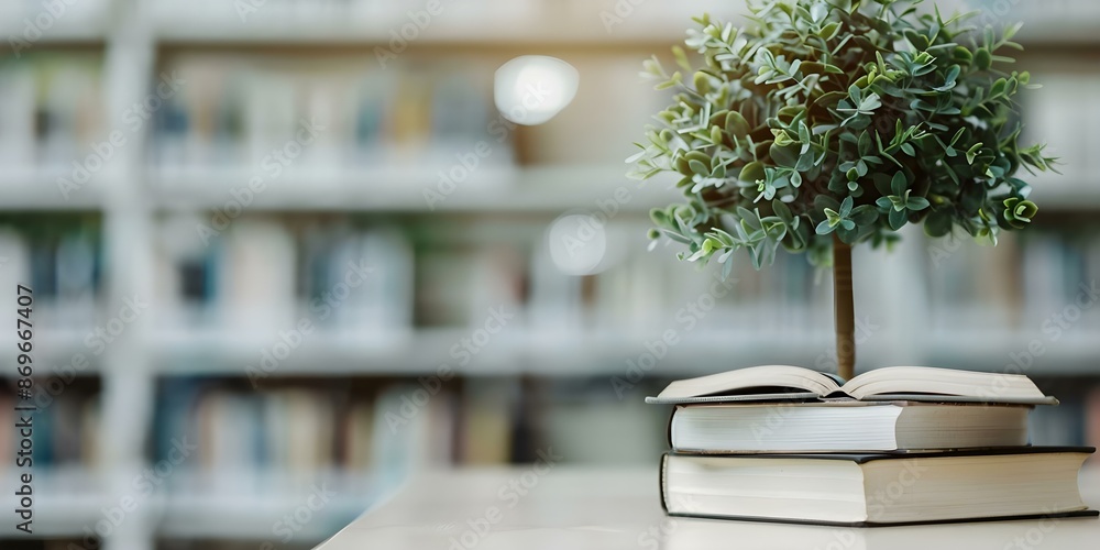 Poster the library of knowledge a stack of books and an open book tree. concept book lovers, knowledge enth