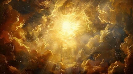 Painting of clouds and sun light, Golden sky background for Jesus Christ, the Son of God, Angel, Fairy blessing.