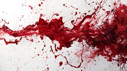 Fototapeta premium Intriguing patterns emerging as ruby paint splatters collide and interact, creating a dynamic scene on white.