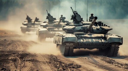 Obraz premium Military tanks on the move. Powerful image of military tanks advancing on a dusty battlefield, showcasing the strength and might of the armed forces.