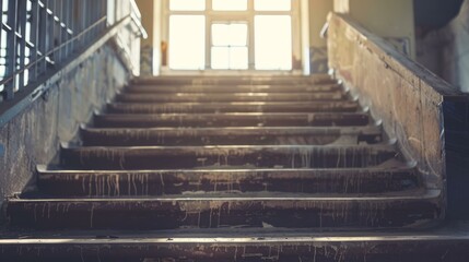Fototapeta premium Abandoned stairway with sunlight. An image of a worn down, abandoned stairway with sunlight streaming through a window at the top.