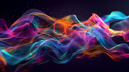 Abstract digital wave particle flow with vibrant, colorful particles moving in fluid, wave-like motions, set against a sleek, dark background. Abstract background, wallpaper
