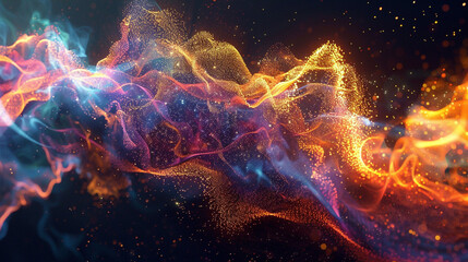 Abstract digital wave particle flow with vibrant, colorful particles moving in fluid, wave-like motions, set against a sleek, dark background. Abstract background, wallpaper