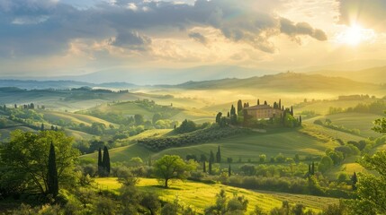 Golden sunrise over the rolling hills of Tuscany, Italy, featuring a picturesque villa, vineyard, and cypress trees, capturing the beauty of the Italian countryside.