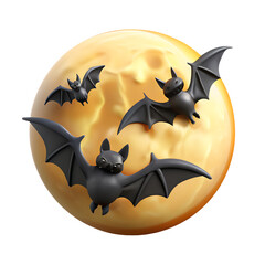 Fototapeta premium Digital illustration of three cartoon bats flying in front of a full moon, perfect for Halloween themes and spooky designs.