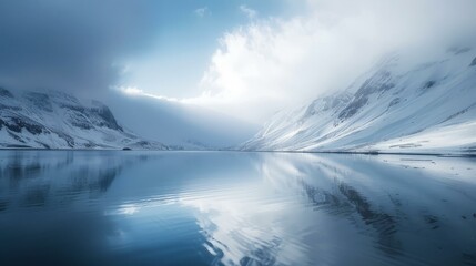 Obraz premium Serene winter lake reflection. Snowy mountains reflected in a calm lake under a dramatic sky. Perfect for travel, nature, and winter-themed projects.