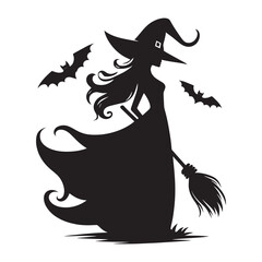 Halloween witch silhouette with broomstick, hats and magic pot vector illustration isolated on white background
