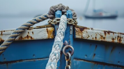 Old blue fishing boat detail. Close up image of rope and rigging on a weathered blue fishing boat, nautical background. © Lull