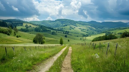 Winding dirt road through green hills. Scenic view of a peaceful dirt road winding through rolling green hills, a perfect representation of countryside serenity and adventure