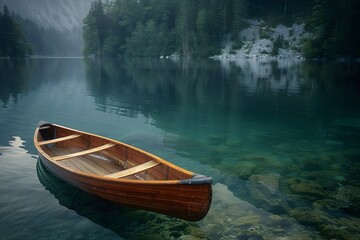 Obraz premium Wooden canoe floats peacefully in a clear water lake, reflection, tranquil setting, intricate wood grain, pristine waters,