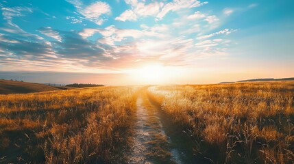 Golden hour path through meadow. Dirt path through a meadow leading towards a golden sunset, perfect for nature and travel themes.