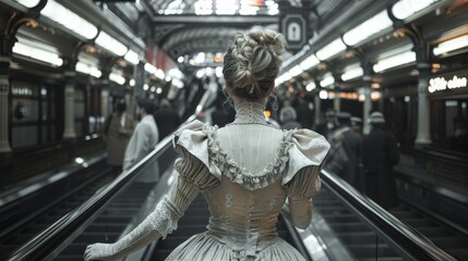 Obraz premium A Victorian woman in a white lace dress, riding an escalator at a Parisian train station in cinematic style, surrounded by people in modern clothing and hairstyles.