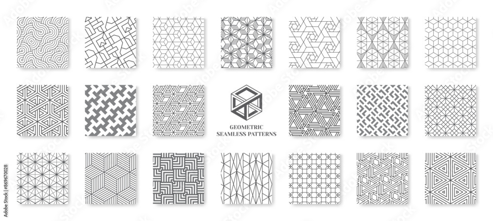 Poster Line patterns. Abstract modern square design. Elegant geometry repeat print for fabric. Simple tiles. Hexagon shapes. Decorative grid. Outline texture. Vector seamless backgrounds set