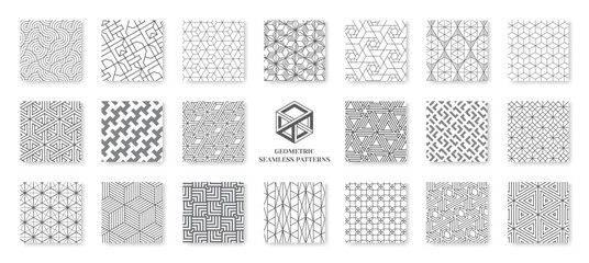 Line patterns. Abstract modern square design. Elegant geometry repeat print for fabric. Simple tiles. Hexagon shapes. Decorative grid. Outline texture. Vector seamless backgrounds set