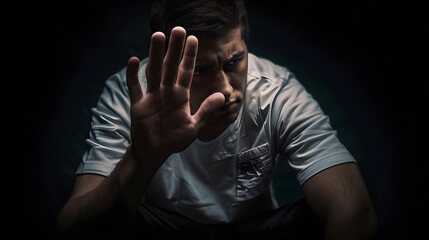 Man show hand stop sign and sit felling sad worry dark tone on black background