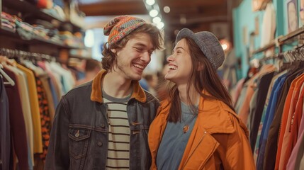 Fototapeta premium A happy young couple, laughing and having fun together, shop for treasures in a vintage store.