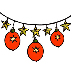 Festive garland illustration featuring red baubles and yellow stars, ideal for holiday and Christmas decorations or celebrations.