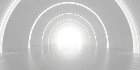 Fototapeta premium A futuristic, bright white tunnel with glowing lights. Clean lines and modern design in a sci-fi atmosphere.