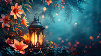 Glowing lantern illuminating a magical enchanted forest with colorful flowers. Fairytale, fantasy, and mystery concept.