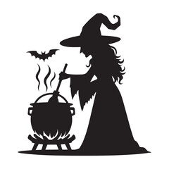 Halloween witch silhouette with broomstick, hats and magic pot vector illustration isolated on white background